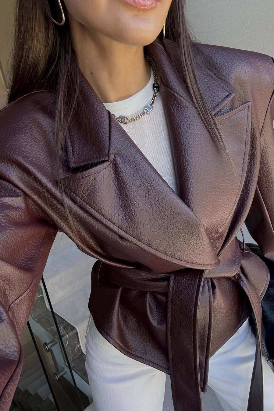 Trendy belted short leather motorcycle jacket