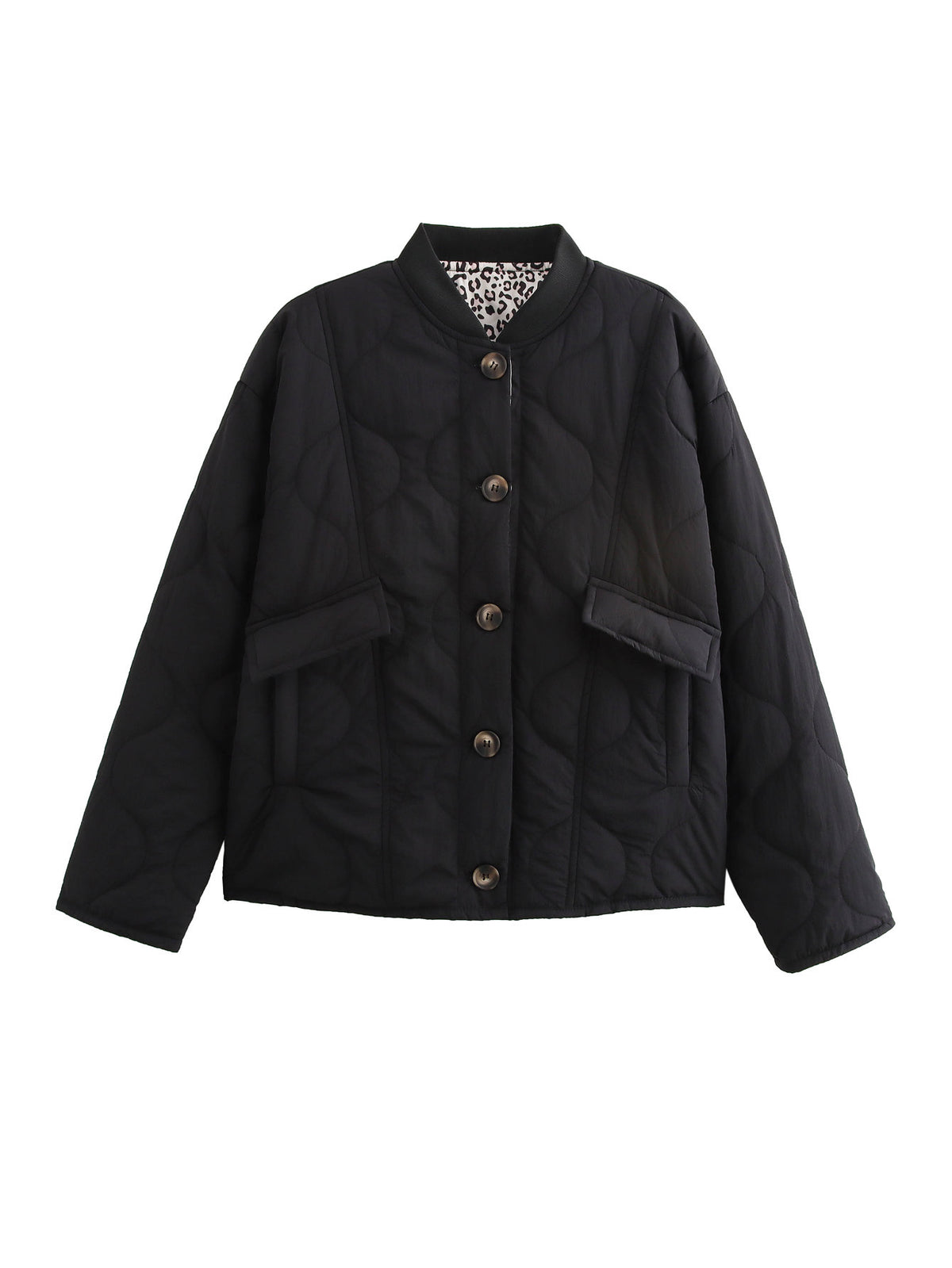 Leopard lining quilted buttons padded jacket
