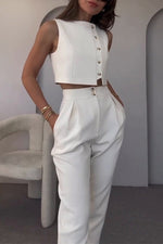 Sleeveless Button-Down Vest Top High-Waisted Cropped Pants Two-Piece Set