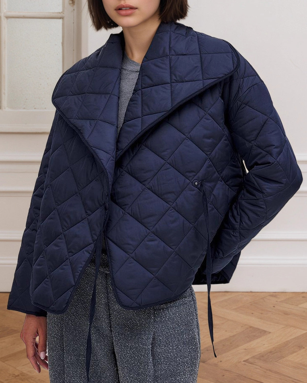Navy Diamond quilting Cropped large lapel cotton jacket
