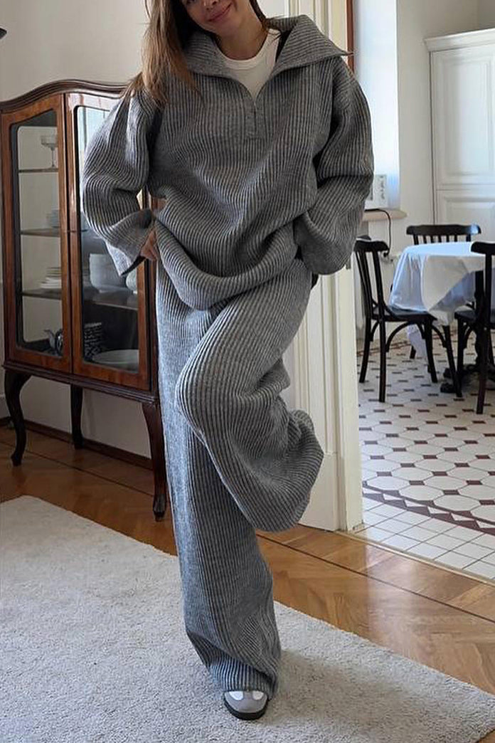 Ensemble haut en tricot à manches longues et demi-zippé Cozy Lapel et pantalon large