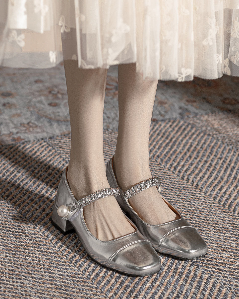 Chaussures Mary Jane argentées à talon épais et bout rond