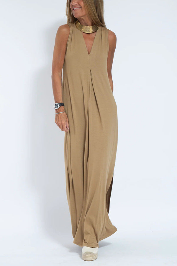 Elegant V-neck Sleeveless Long Dress Matching Vest Cardigan
