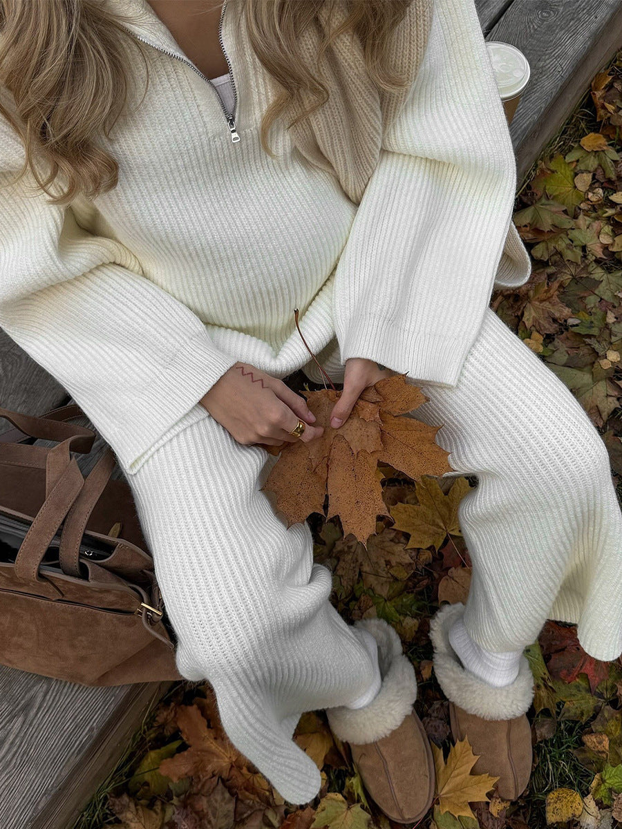 Ensemble haut en tricot à manches longues et demi-zippé Cozy Lapel et pantalon large