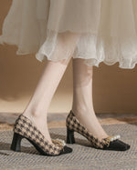 Pearl-Embellished Chunky Heel Plaid Velvet Shoes