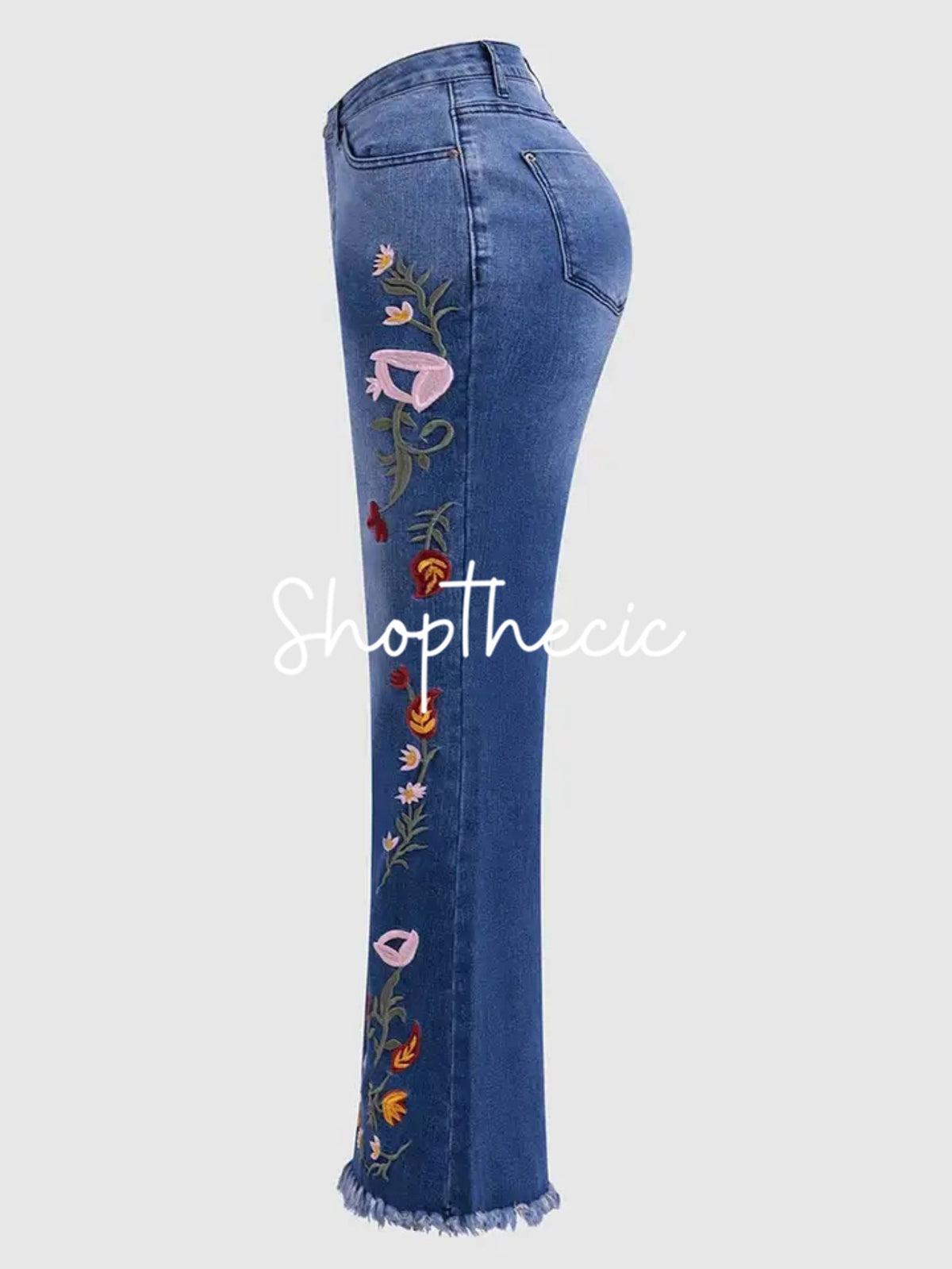 High-elasticity frayed hem and embroidery flared jeans