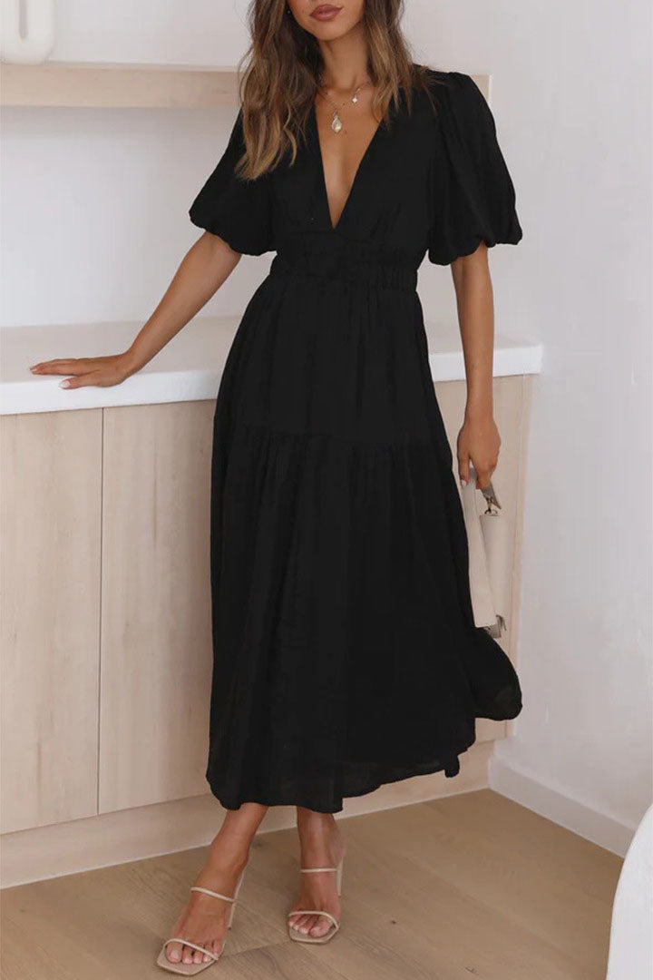 Vestido midi com manga lanterna e decote em V com cintura marcada