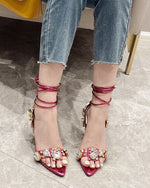Luxurious rhinestone-encrusted wraparound strappy stiletto sandals