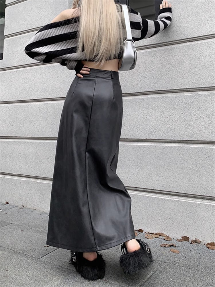 Jupe longue demi-rétro fendue taille haute en PU