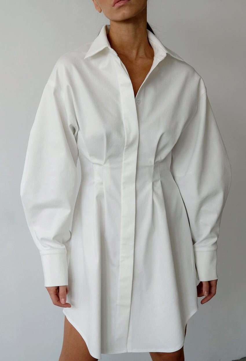 Vintage Cinched Waist Slim Fit Solid Color Shirt Dress