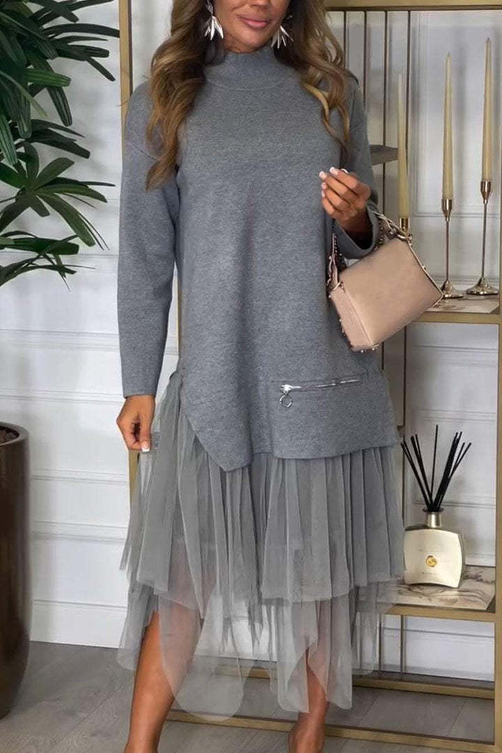 Mid-length pullover top and mesh skirt set