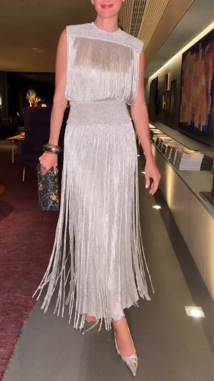 Elegant tassel sleeveless long party dress