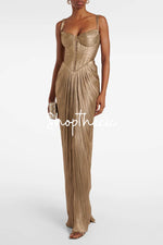 Luxurious pleated gold-stamped slip maxi dress