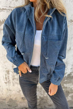 Einfarbige Cordjacke mit Kapuze und Reißverschluss