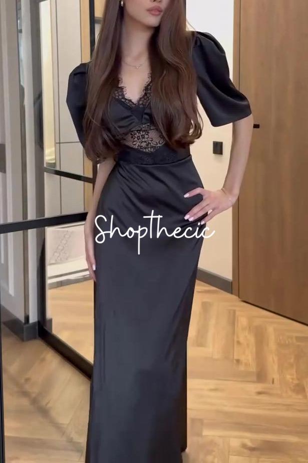 Abito lungo a pois con scollo a V in pizzo retrò e maniche corte