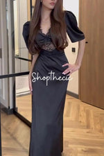 Abito lungo a pois con scollo a V in pizzo retrò e maniche corte