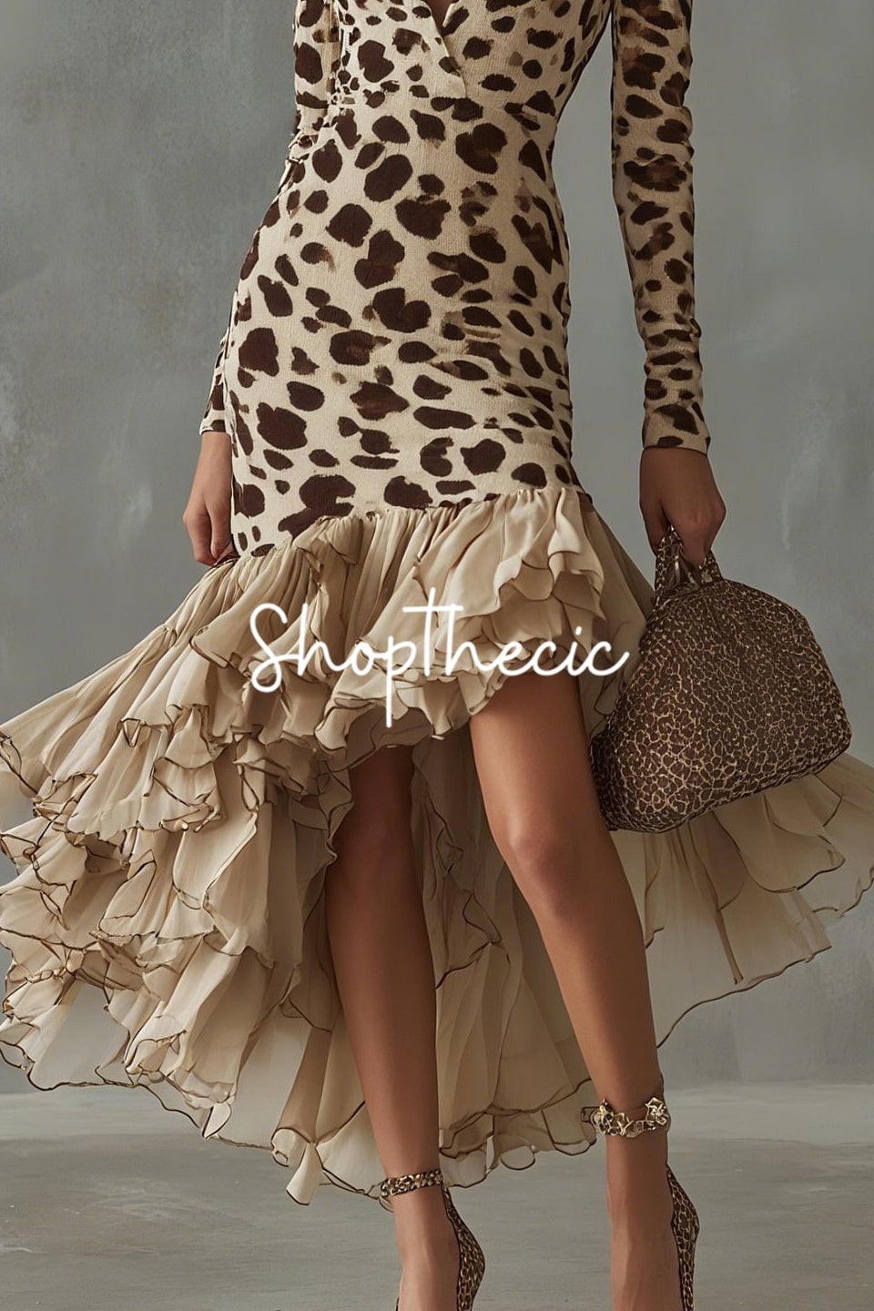 Long-sleeved V-neck chiffon trim leopard dress