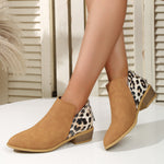 Suede leopard print paneled back zip booties