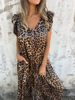V-neck leopard print loose wide-leg jumpsuit
