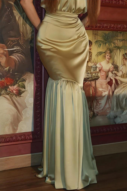 Champagne satin sleeveless high-neck open-back slim dress