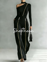Elegant stand-up collar fitted knitwear double zipper wide-leg pants set