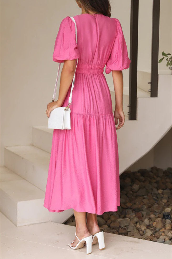 Vestido midi com manga lanterna e decote em V com cintura marcada