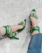 Luxurious rhinestone-encrusted wraparound strappy stiletto sandals