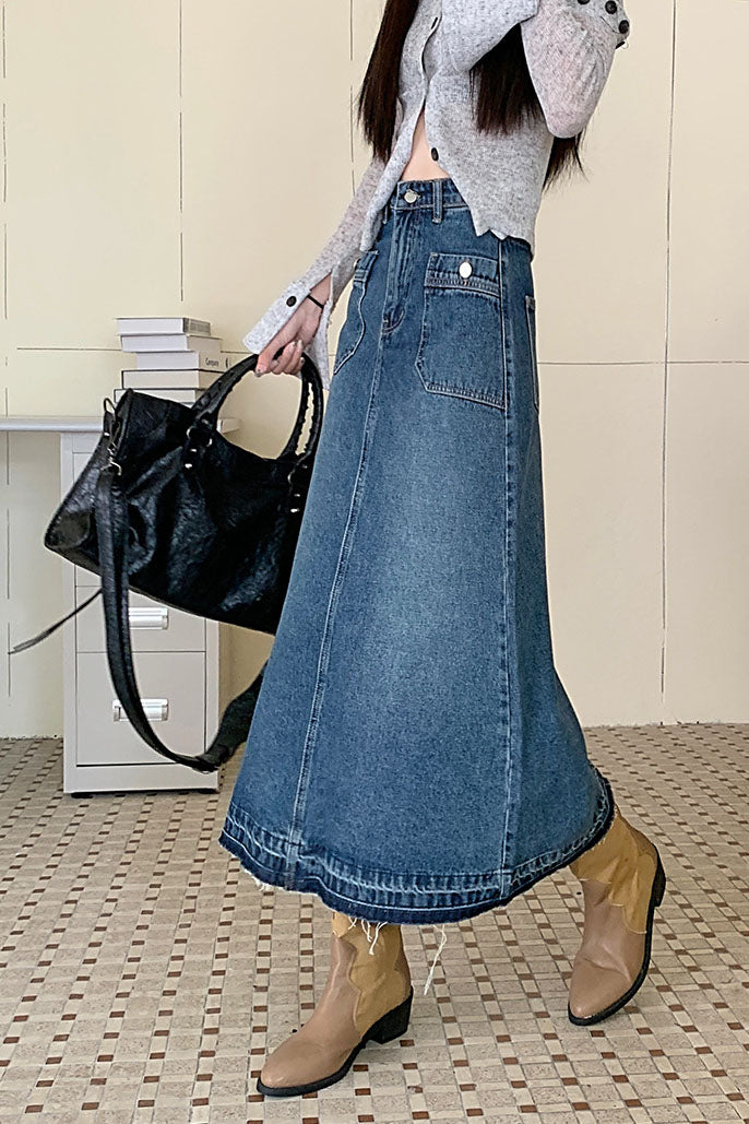 Jupe trapèze taille haute multipoches en denim lavé