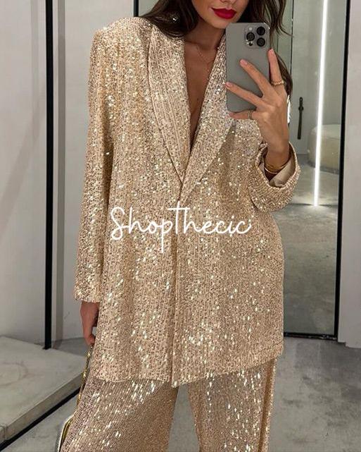 Sequined V-neck loose-fitting suit jacket and wide-leg pants set