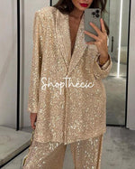 Sequined V-neck loose-fitting suit jacket and wide-leg pants set