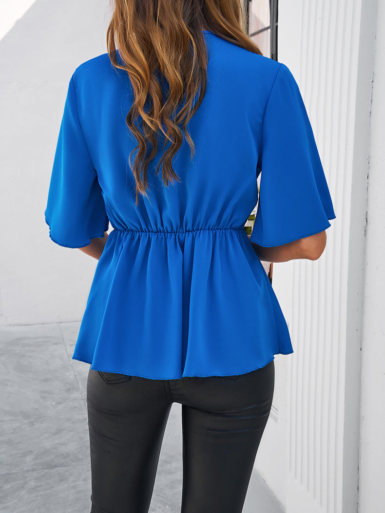 Solid Color Elegant Short-Sleeve Waist-Tied Top