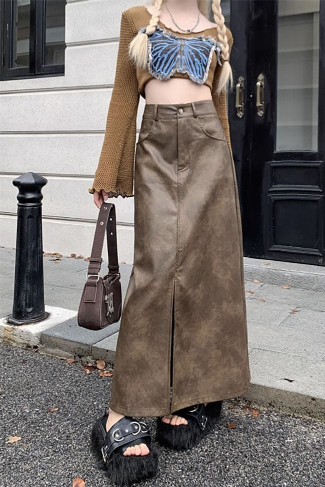 Jupe longue demi-rétro fendue taille haute en PU