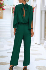 Stand collar three-quarter split sleeve jumpsuit