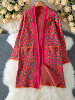 Rose red contrast leopard long sweater coat