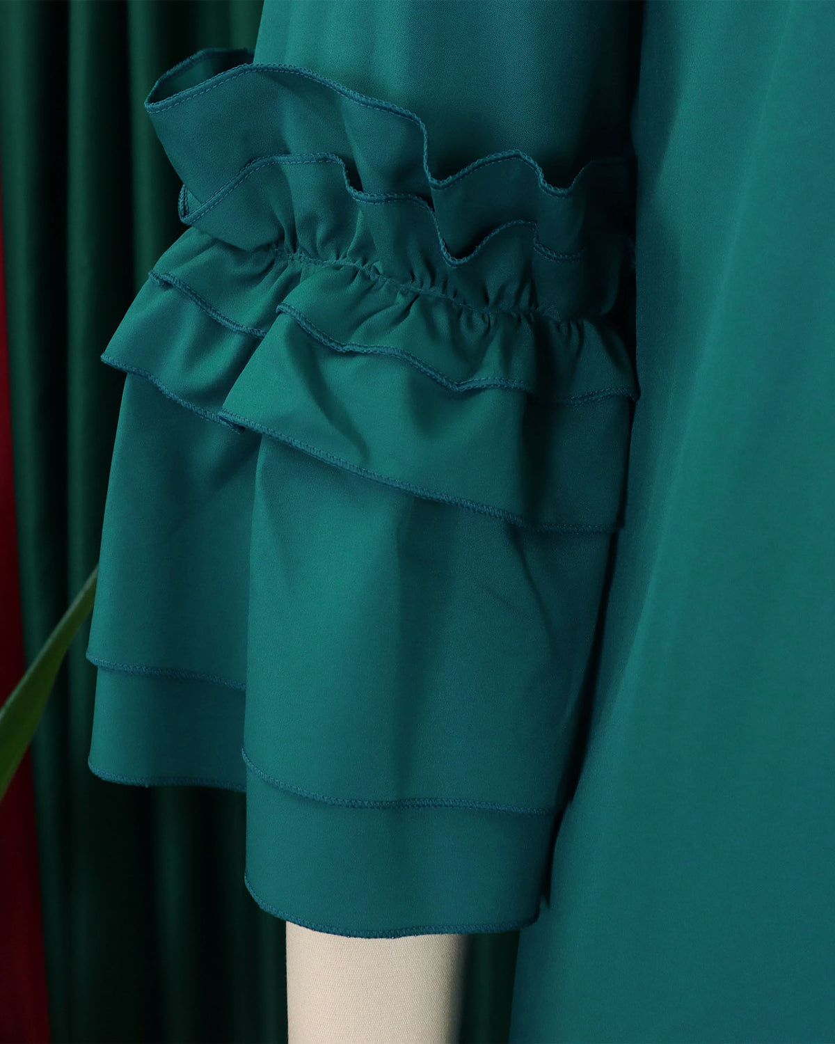 Vestido Midi Sólido Chique com Bainha com Babados e Manga Sino
