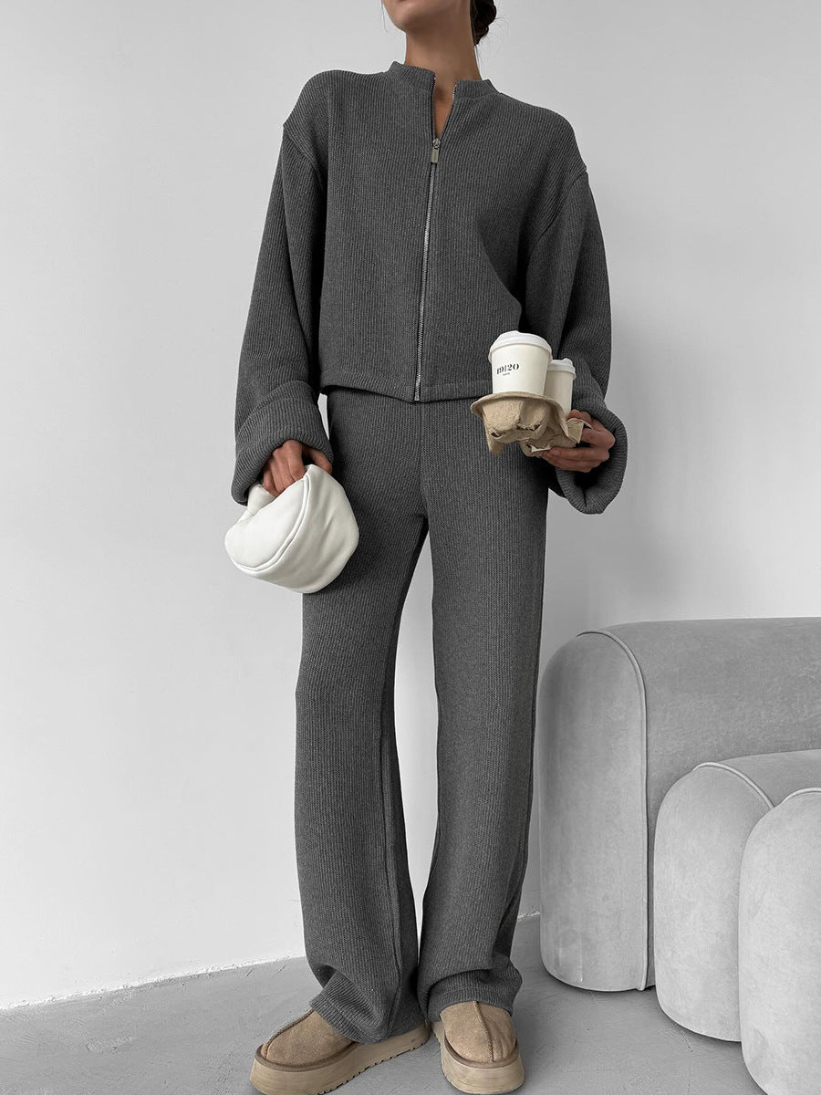 Ensemble veste à manches longues et pantalon large en tricot avec fermeture éclair