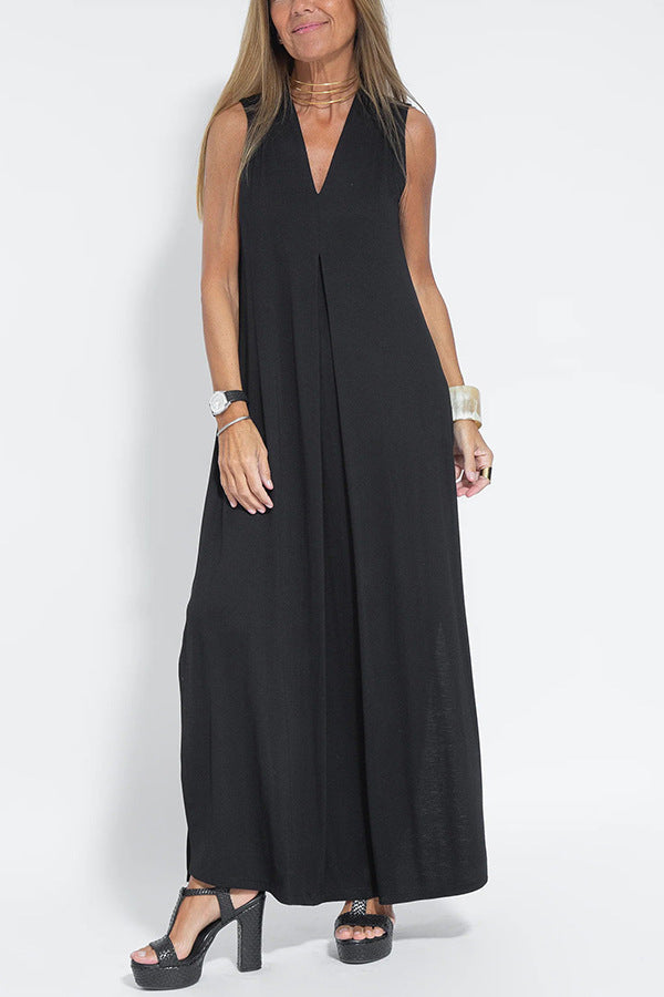 Elegant V-neck Sleeveless Long Dress Matching Vest Cardigan