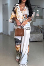 Printed Loose Lantern Sleeve Shirt and Wide-Leg Pants Two-Piece Set