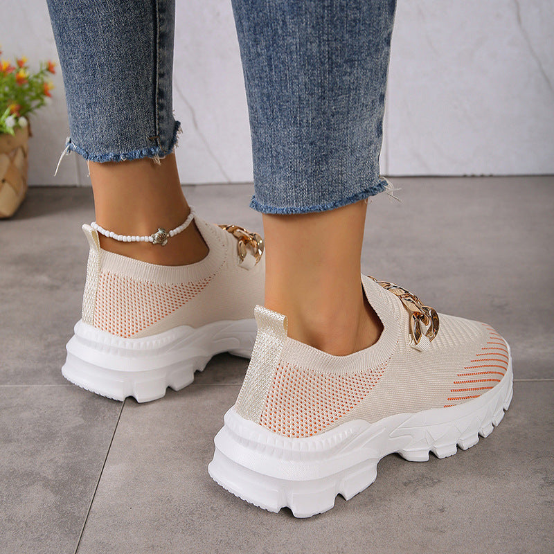 Metal chain thick breathable fly knit sneakers