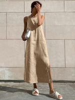 Cotton and Linen Loose Slit Suspender Dress