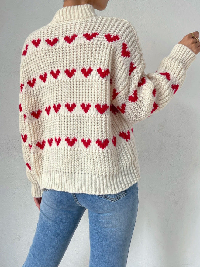 Halbhoher, locker sitzender Jacquard-Strickpullover mit Herzmotiv