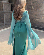 Mesh flared sleeves satin long slim dress
