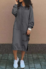 Large pockets tie-down hem hooded long sweatshirt dress