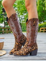 Leopard toe embroidered upper chunky heel boots
