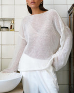 See-through thin scoop neck flared sleeve knitted T-shirt