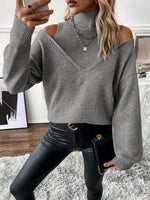 Solid color loose off-the-shoulder long-sleeved turtleneck sweater