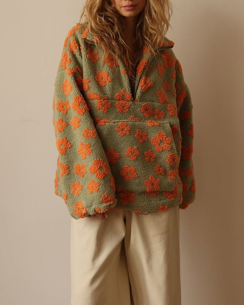 Faux Sherpa Print Kangaroo Pocket Loose Zip Top