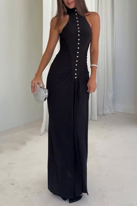 Sleeveless half-high collar multi-button slim-fit long dress