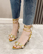 Luxurious rhinestone-encrusted wraparound strappy stiletto sandals