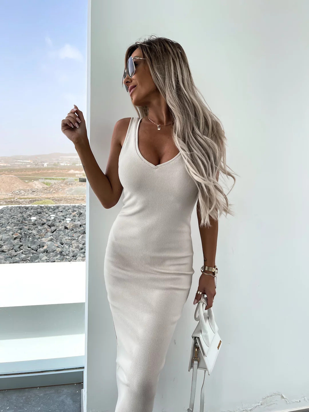 Solid Color V-Neck Long Sleeve Sweatshirt Suspender Slim Maxi Dress Two Piece Set